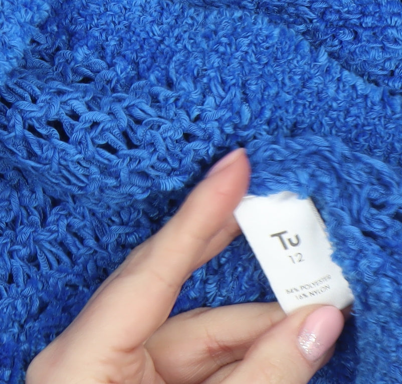 Tu Women Blue Open-Knit Crew Neck Long Sleeve Jumper Size 12
