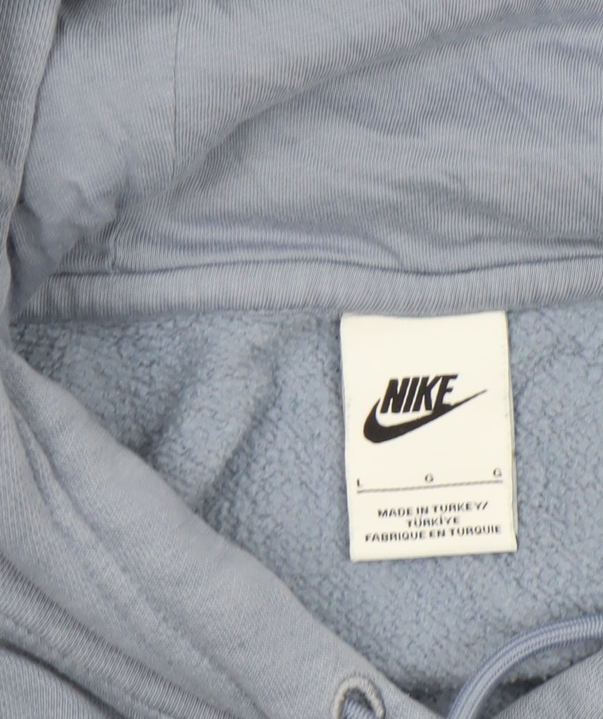Nike Women Blue Pullover Hoodie L Logo Print Cotton Blend