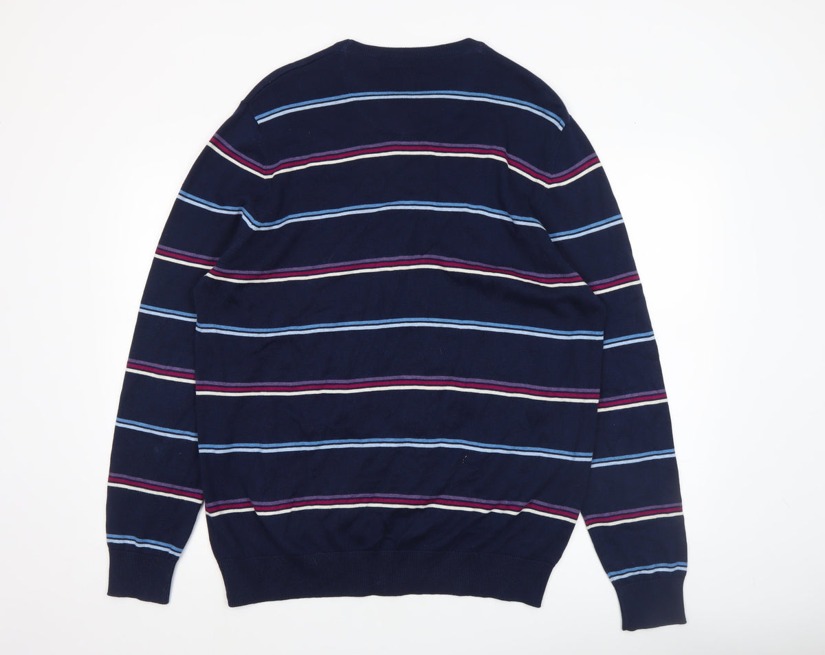 Atlantic Bay Men's Blue Striped Cotton Crew Neck Jumper XL