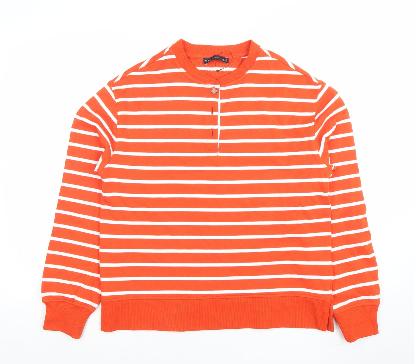 Marks and Spencer Women Orange Striped Cotton Henley Sweatshirt Size S