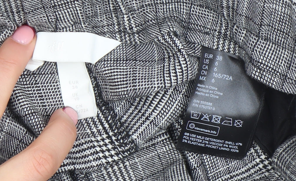 H&M Women Grey Checked Paperbag Trousers UK 10 Elastic Waist