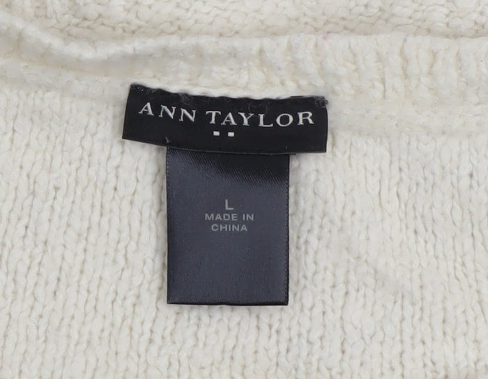Ann Taylor Women Ivory Wool Blend Cable Knit Pullover Jumper L