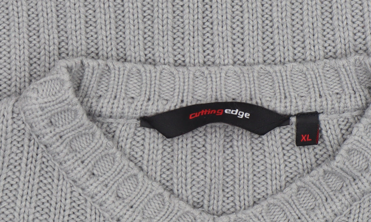 Cutting Edge Mens Grey Chunky Knit V-Neck Jumper XL
