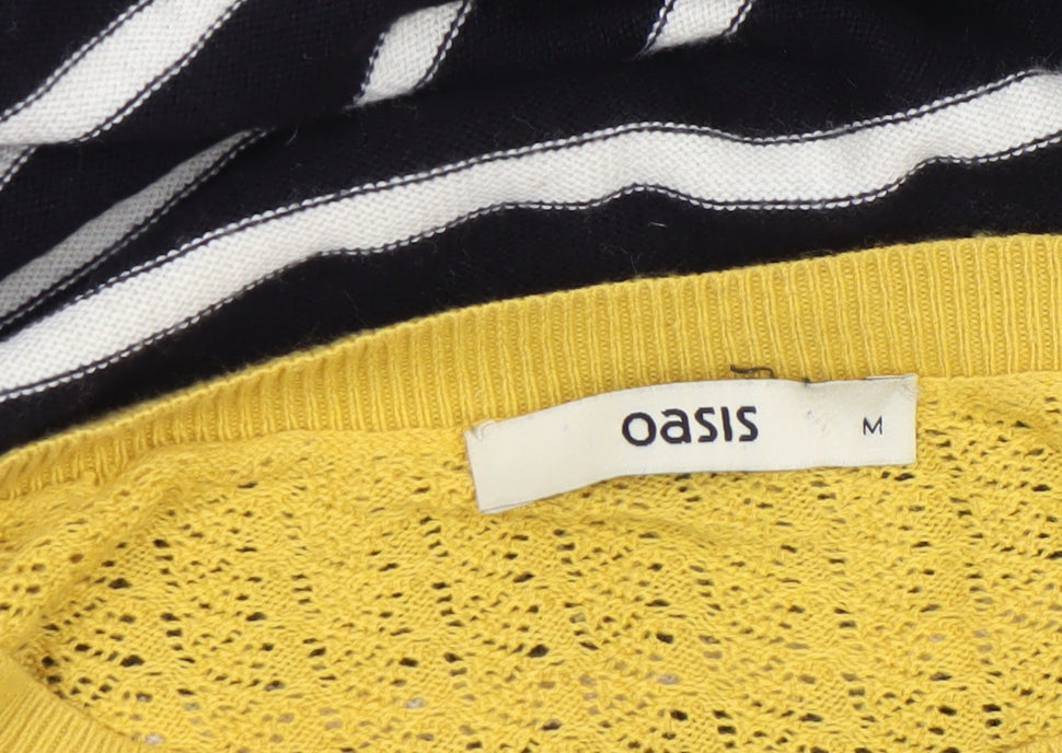 Oasis Women's Black Stripe Yellow Crochet Knit Jumper Medium