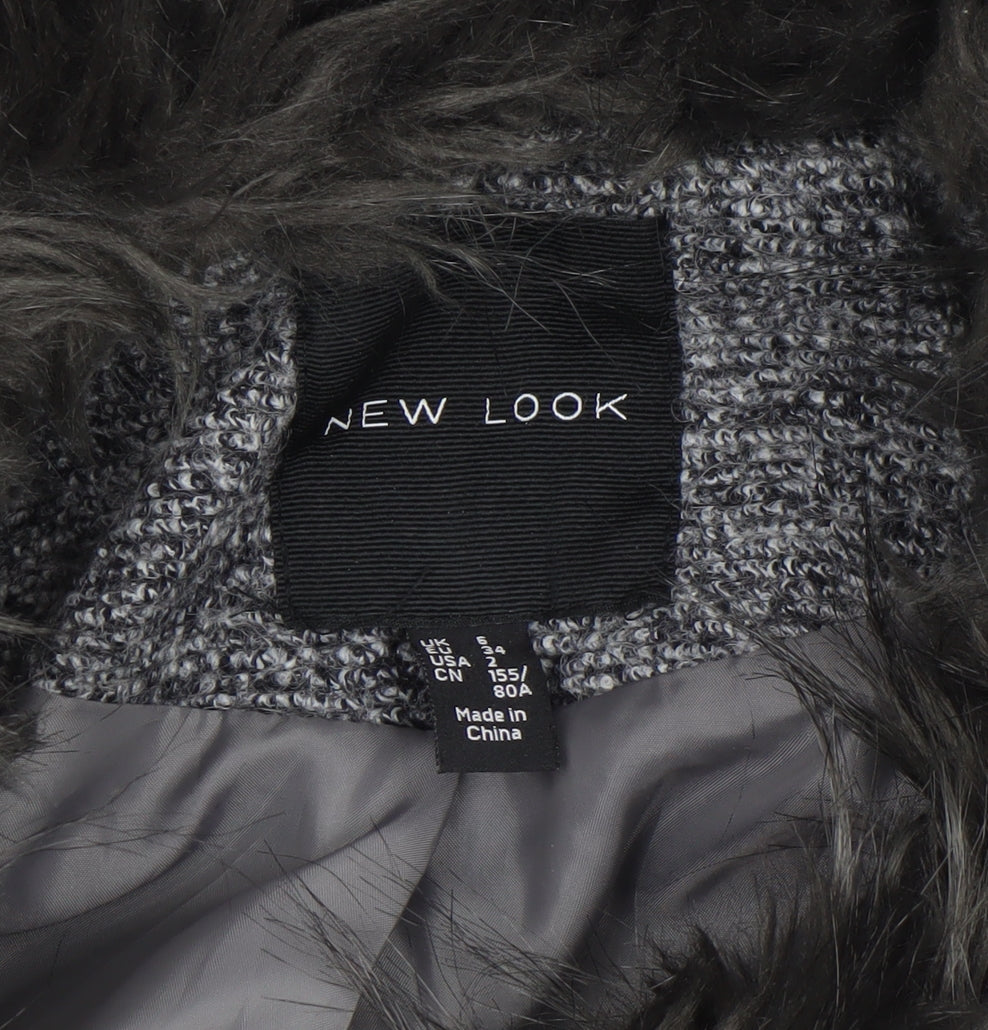 New Look Womens Grey Faux Fur Collar Wool Blend Mid-Length Overcoat Size 6