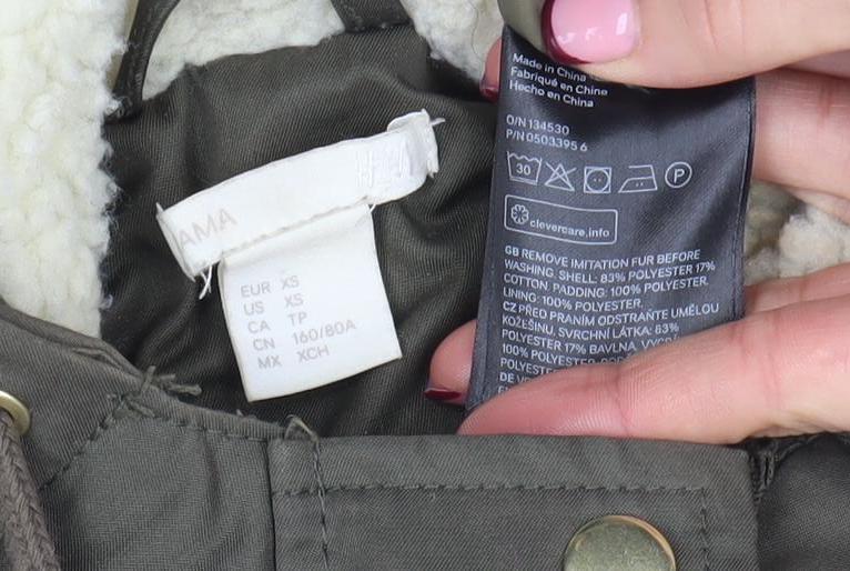H&M Women's Green Hooded Parka Jacket XS Long Lined Drawstring