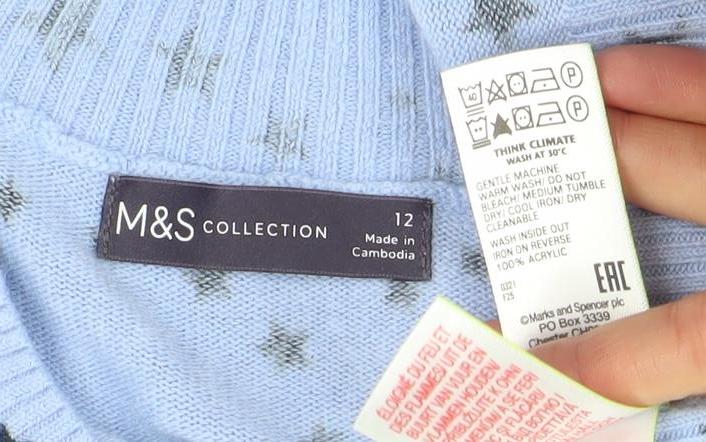 Marks & Spencer Womens Blue Star Print V-Neck Acrylic Jumper Size 12