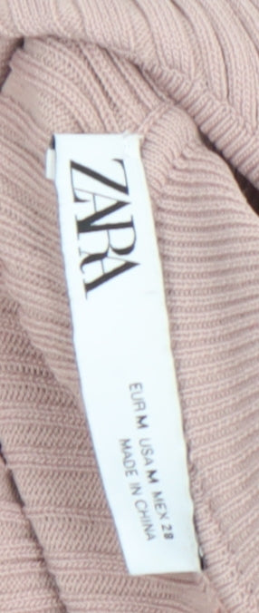 Zara Women Beige Ribbed Cropped Roll Neck Tie Back Knit Top Size 12