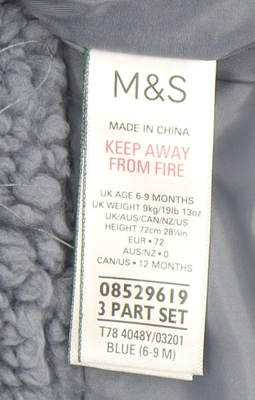 Marks & Spencer Blue Quilted Hooded Coverall 6-9 Months Unisex Winter