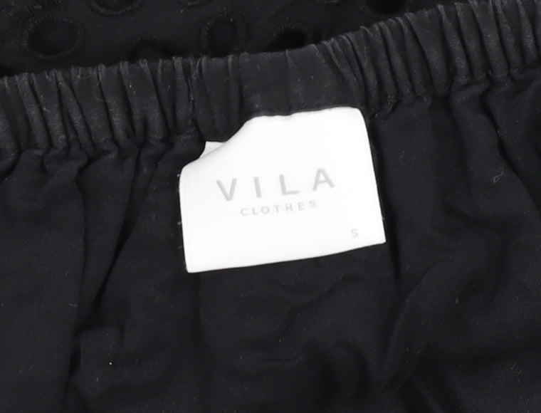 Vila Women's Black Off Shoulder Embroidered Cotton Tunic Blouse Size S