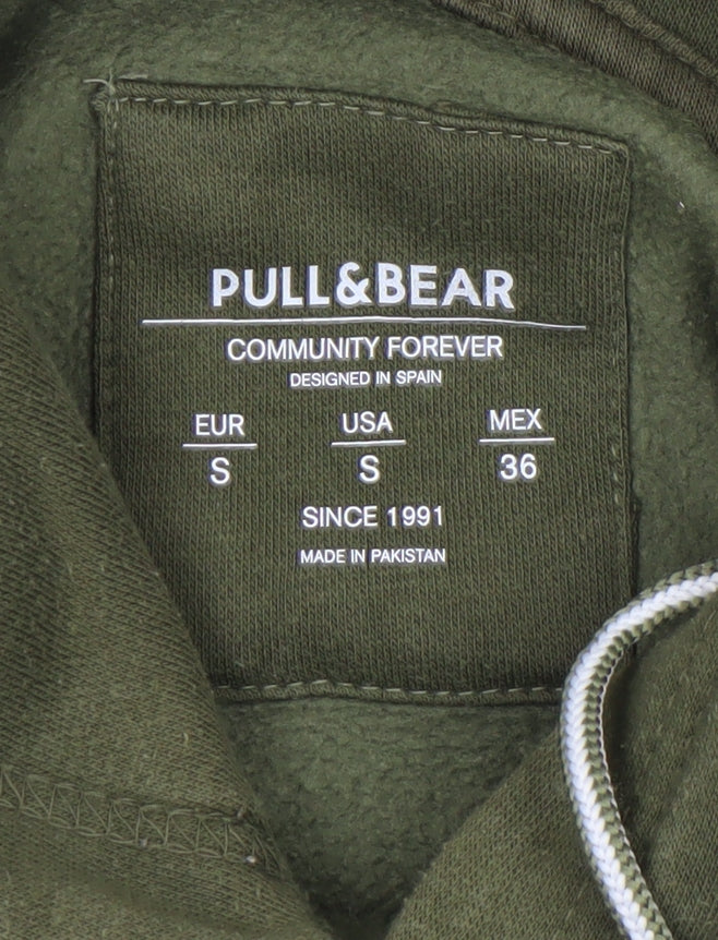 Pull&Bear Men's Green Pullover Hoodie Size S Graphic Logo Fleece