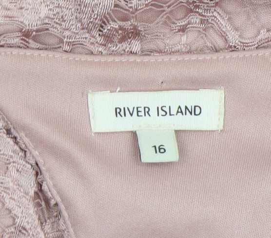 River Island Women’s Pink Lace Bodycon Dress Size 16 Sleeveless V-Neck