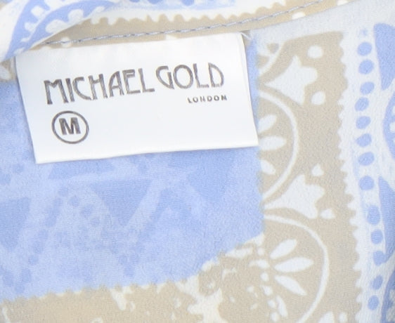 Michael Gold Women Blue Geometric Button-Up Tunic Shirt M