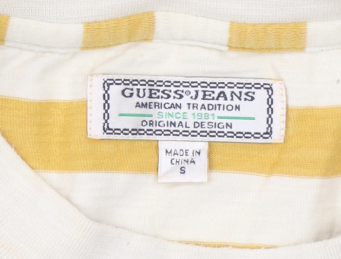Guess Womens Yellow Striped Cropped T-Shirt Size S