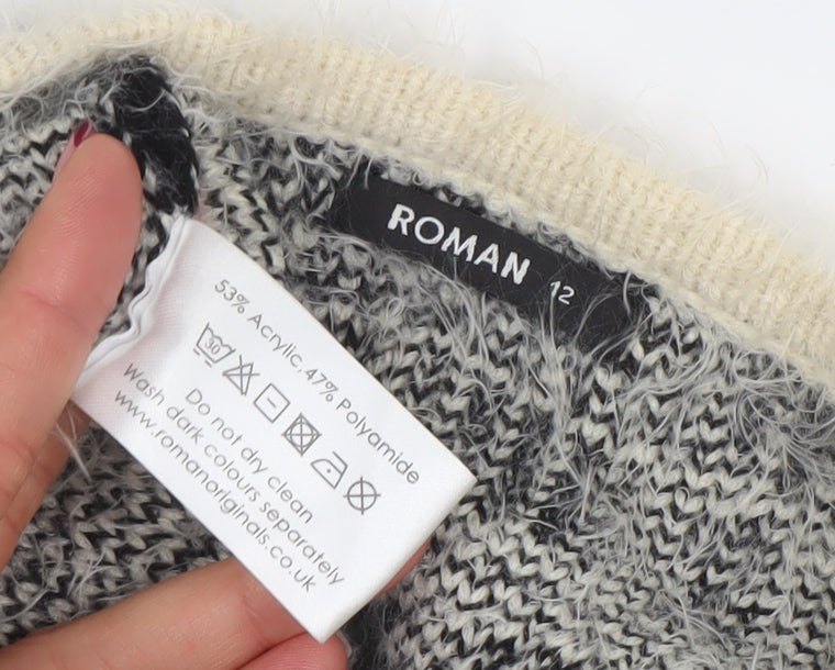 Roman Womens Grey Check Open-Knit Longline Cardigan Size 12