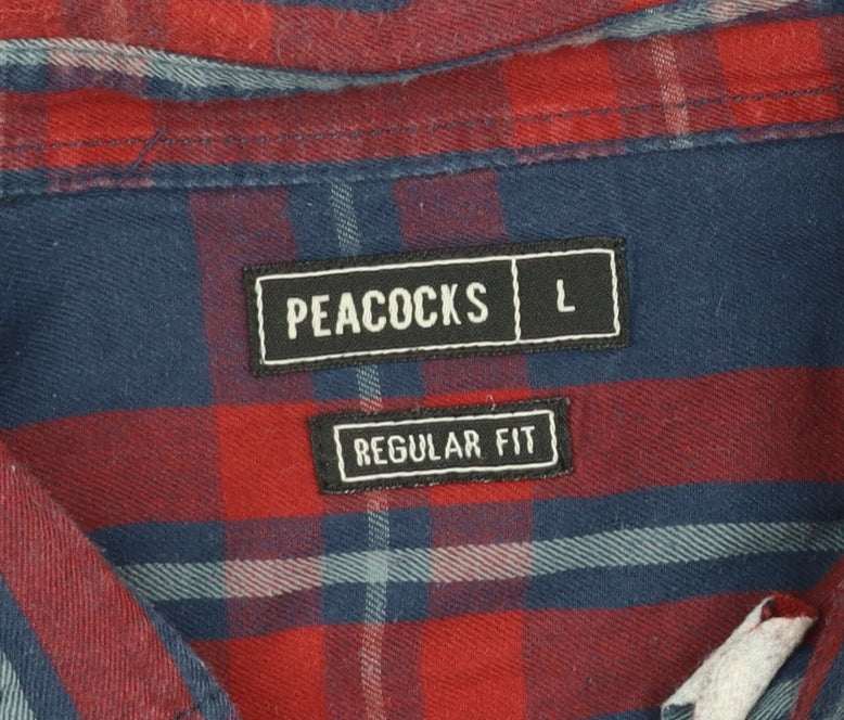 Peacocks Men’s Red Blue Check Long Sleeve Regular Fit Cotton Shirt L