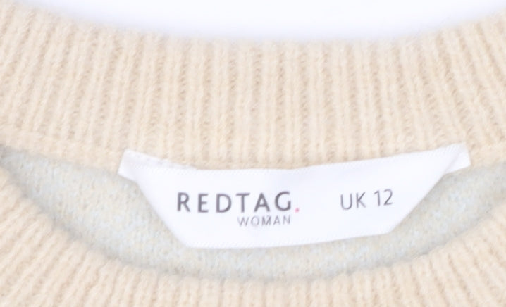 Redtag Woman Beige Blue Houndstooth Crew Neck Jumper UK 12
