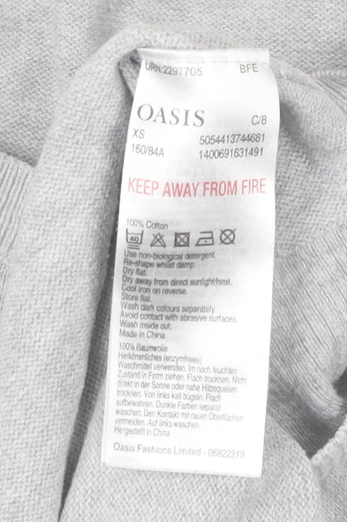 Oasis Women’s Grey Cotton Pullover Jumper XS Crew Neck Embroidered Cloud