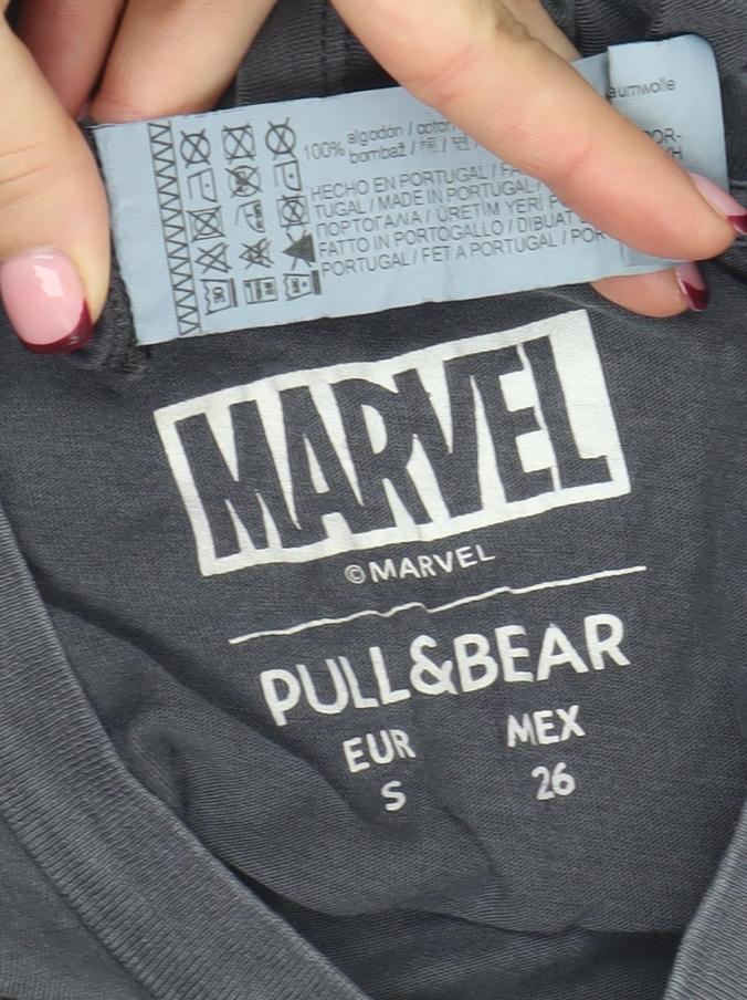 Pull&Bear Marvel Grey Cotton Women's T-Shirt Size S Casual