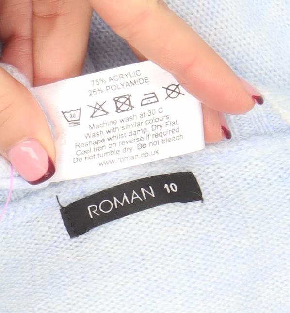 Roman Women Blue Floral Knit Crew Neck Long Sleeve Jumper Size 10