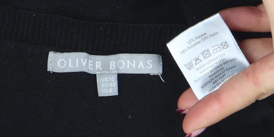 Oliver Bonas Women's Black V-Neck Relaxed 3/4 Sleeve Knit Jumper Size 12