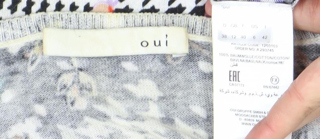 Oui Womens Black Floral Check Long Sleeve Cotton Blouse Size 12