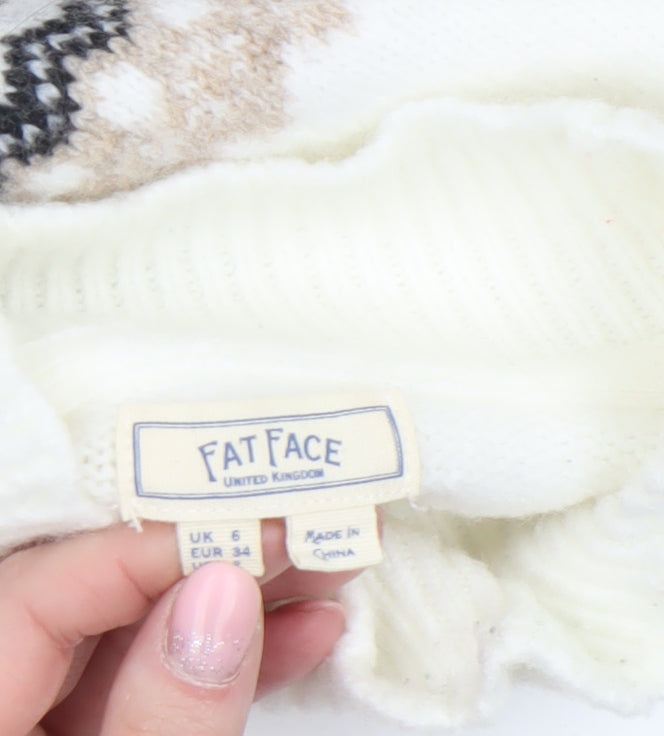 FatFace Women White Fair Isle Jumper UK 6 Acrylic Wool Blend Winter Knit