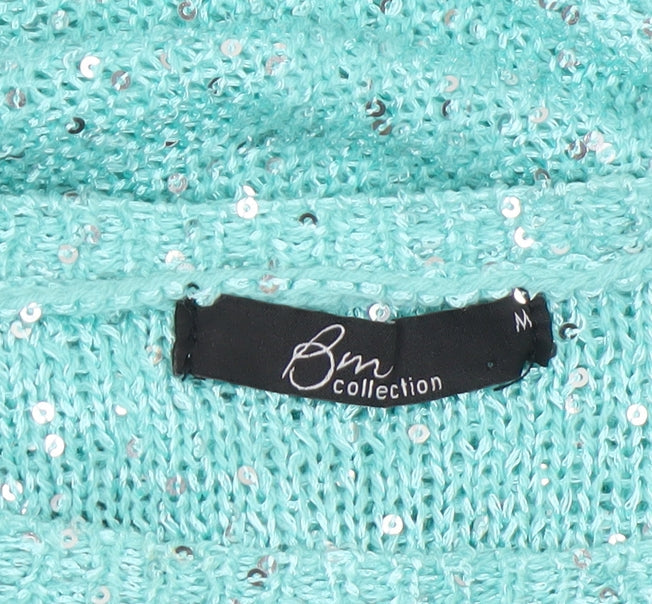 Bonmarché Women's Green Sequin Knit Boat Neck 3/4 Sleeve Jumper M