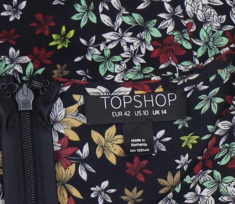 Topshop Women’s Multicoloured Floral Shift Dress Size 14 Long Sleeve Ruffle