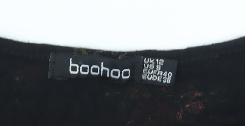 Boohoo Womens Black Floral Wrap Blouse Size 12 Long Sleeve