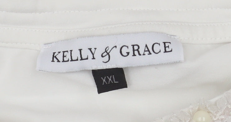Kelly & Grace Womens White Long Sleeve Embellished Neck Top XXL