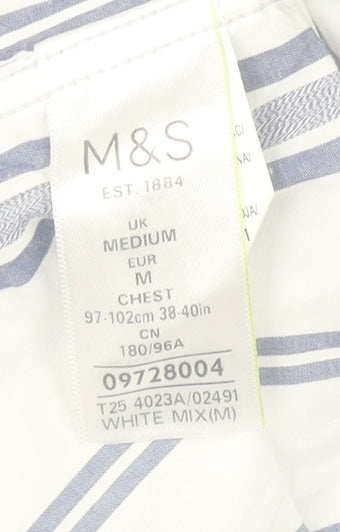 Marks & Spencer Men’s White Striped Cotton Short Sleeve Shirt Size M