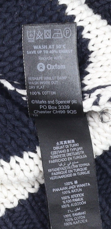 Marks & Spencer Women Blue White Striped Cotton Crew Neck Jumper M