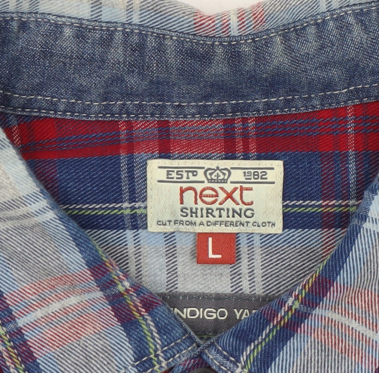 Next Men's Blue Red Checked Long Sleeve Cotton Shirt Size L