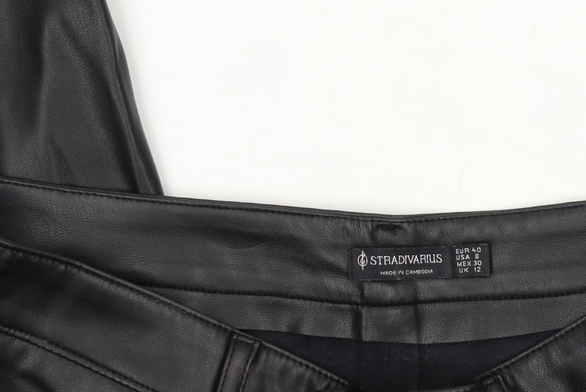 Stradivarius Women Black Faux Leather High Rise Straight Trousers Size 12