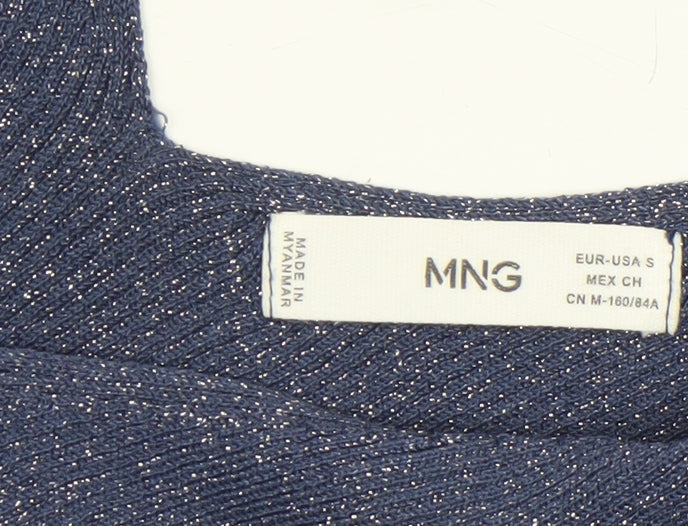 Mango Women's Blue Glitter V-Neck Slim Fit Long Sleeve Jumper Size S