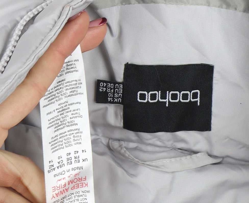 Boohoo Womens Grey Puffer Jacket Size 14 Quilted Mid-Length Winter Coat