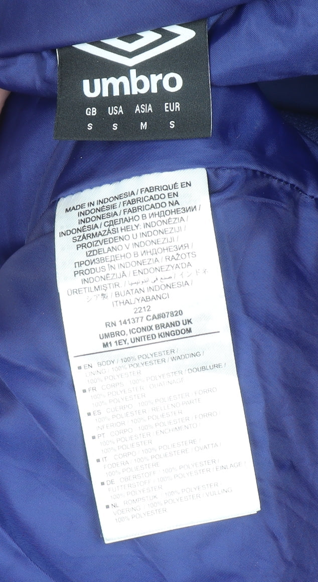 Umbro Men's Blue Long Hooded Puffer Jacket Size S Football Style