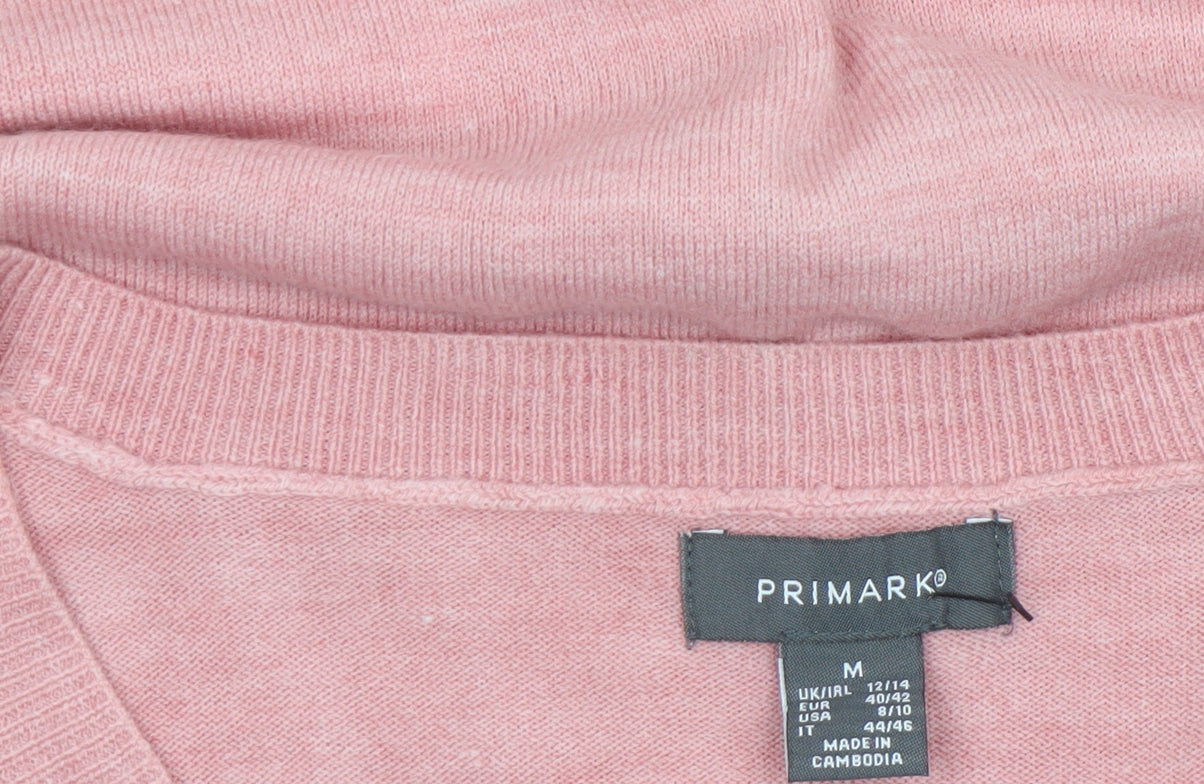 Primark Womens Pink V-Neck Pullover Jumper Size M 12-14 Button Sleeve Knit