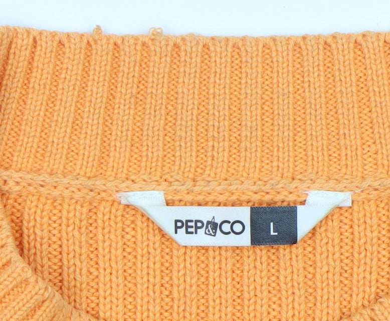 PEP&CO Women Orange Ribbed Knit Crew Neck Pullover Jumper Size L
