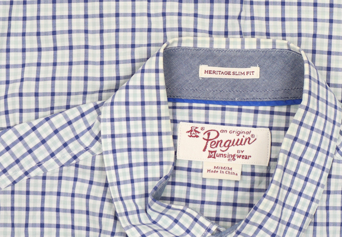 Original Penguin Men's Blue Check Slim Fit Cotton Button-Up Shirt M