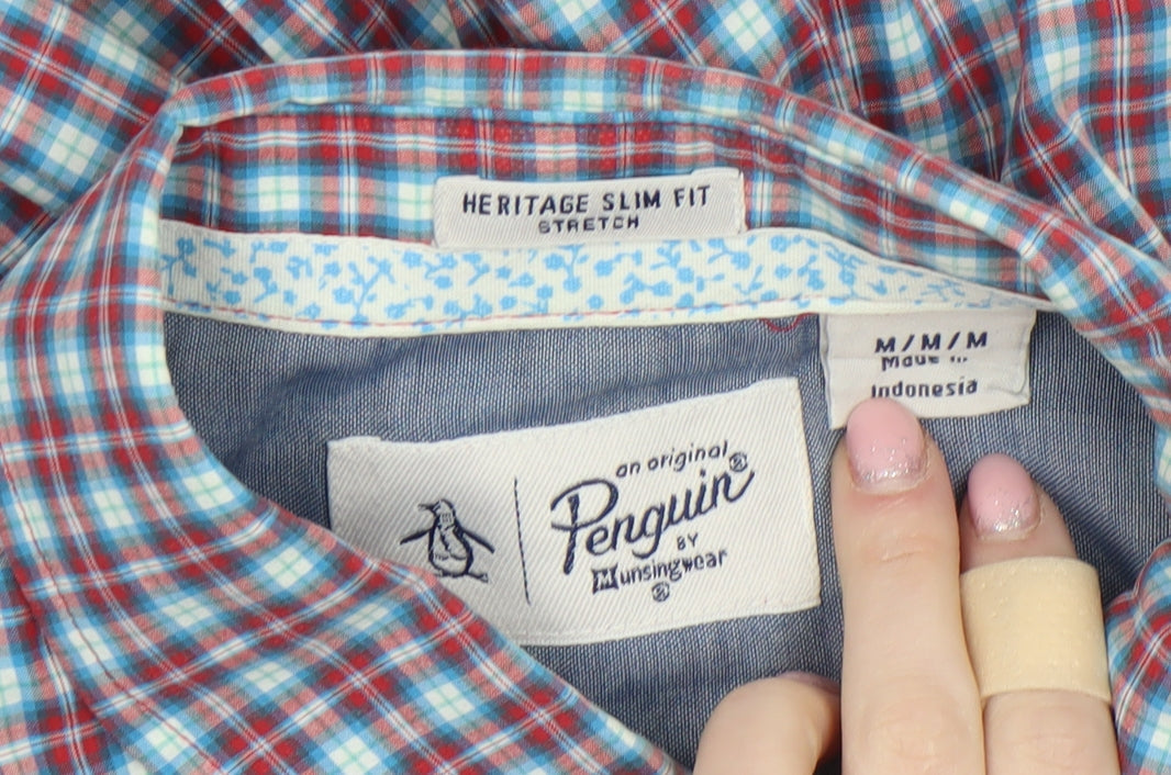 Original Penguin Men's Blue Checked Heritage Slim Fit Long Sleeve Shirt M