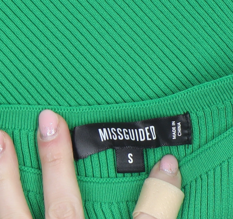 Missguided Women's Green Ribbed Christmas Long Sleeve Slim Fit Top S