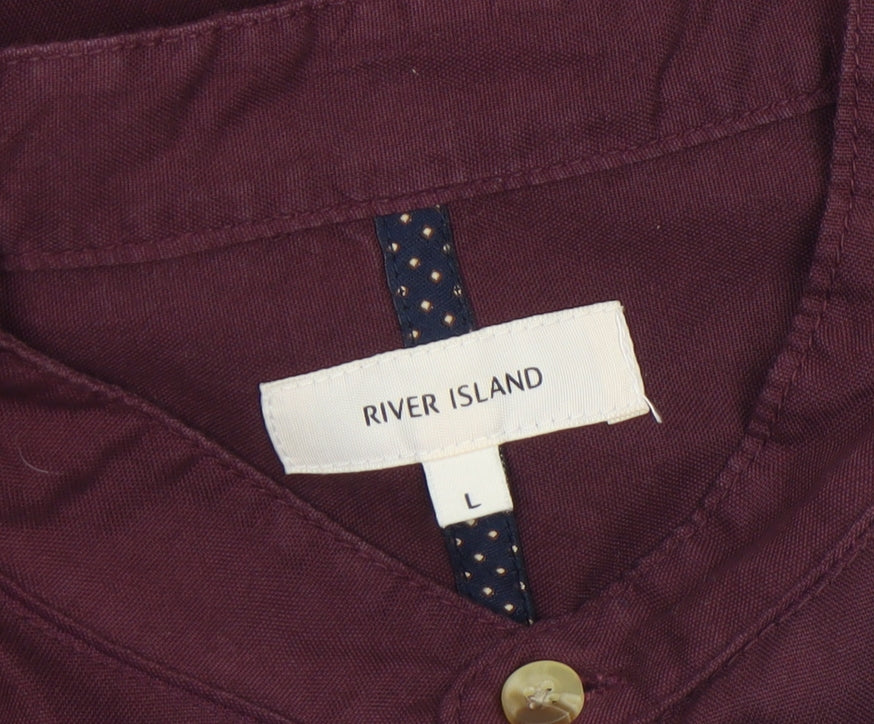 River Island Men’s Red Cotton Band Collar Long Sleeve Shirt Size L