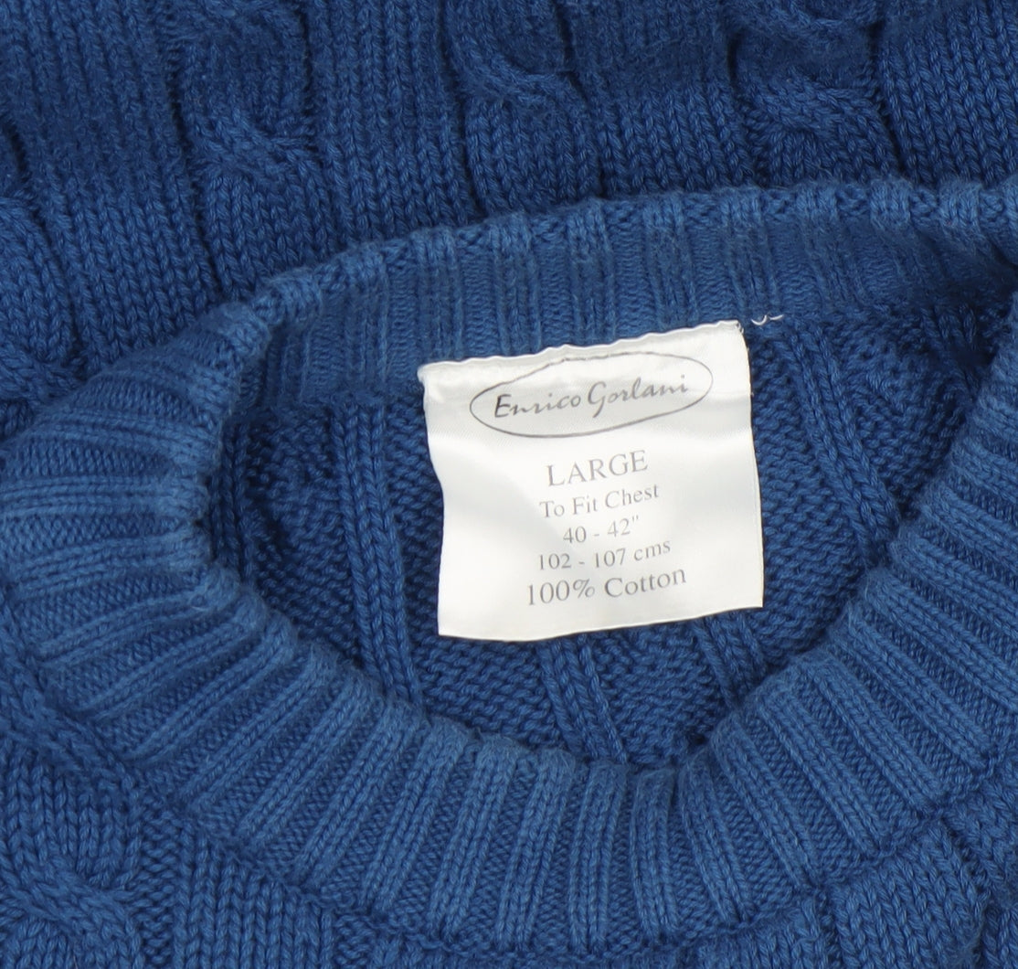 Enrico Gorlan Men’s Blue Cotton Cable Knit Crew Jumper Large