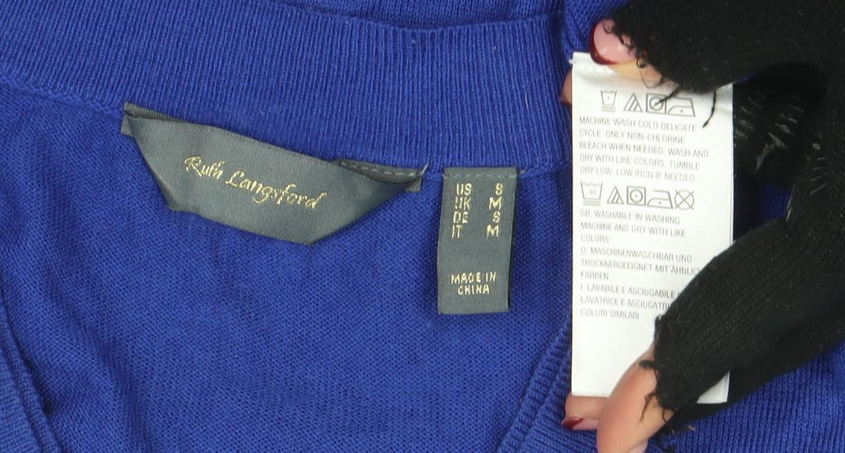 Lands’ End Women Blue V-Neck Lightweight Cotton Blend Jumper Size S