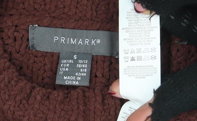Primark Women Brown Cable-Knit Jumper Size S Mock Neck Long Sleeve