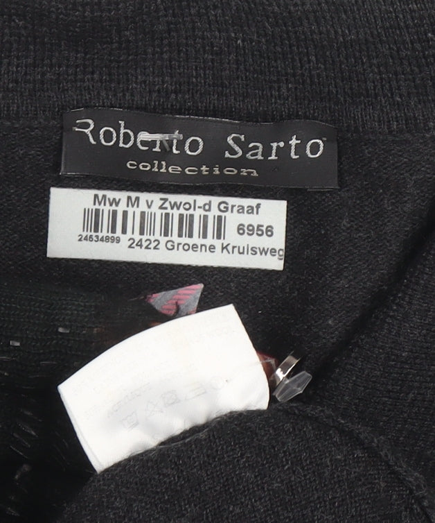 Roberto Sarto Men Black Wool Geometric Collared Henley Jumper M