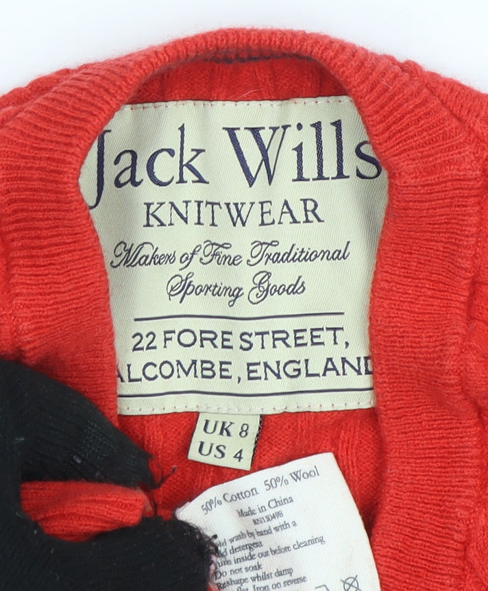 Jack Wills Women's Red Cable-Knit Wool Cotton Jumper UK 8