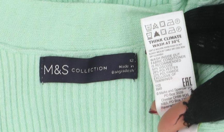 Marks and Spencer Women's Mint Green V-Neck Long Sleeve Jumper Size 12